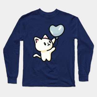 Cute Cat Holding Heart Shaped Blue Balloon Long Sleeve T-Shirt